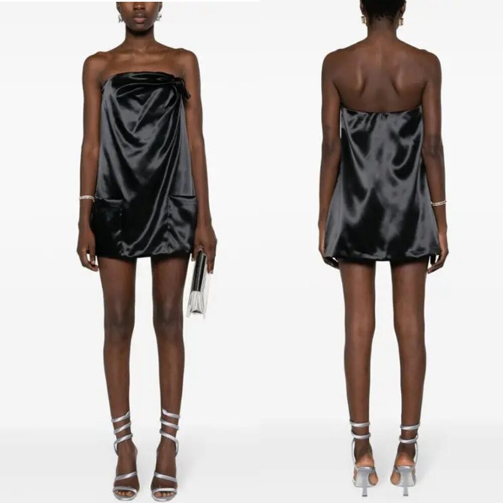 Louisa Ballou Knot-Detailed Satin Mini Dress in Black 36 4 NWT